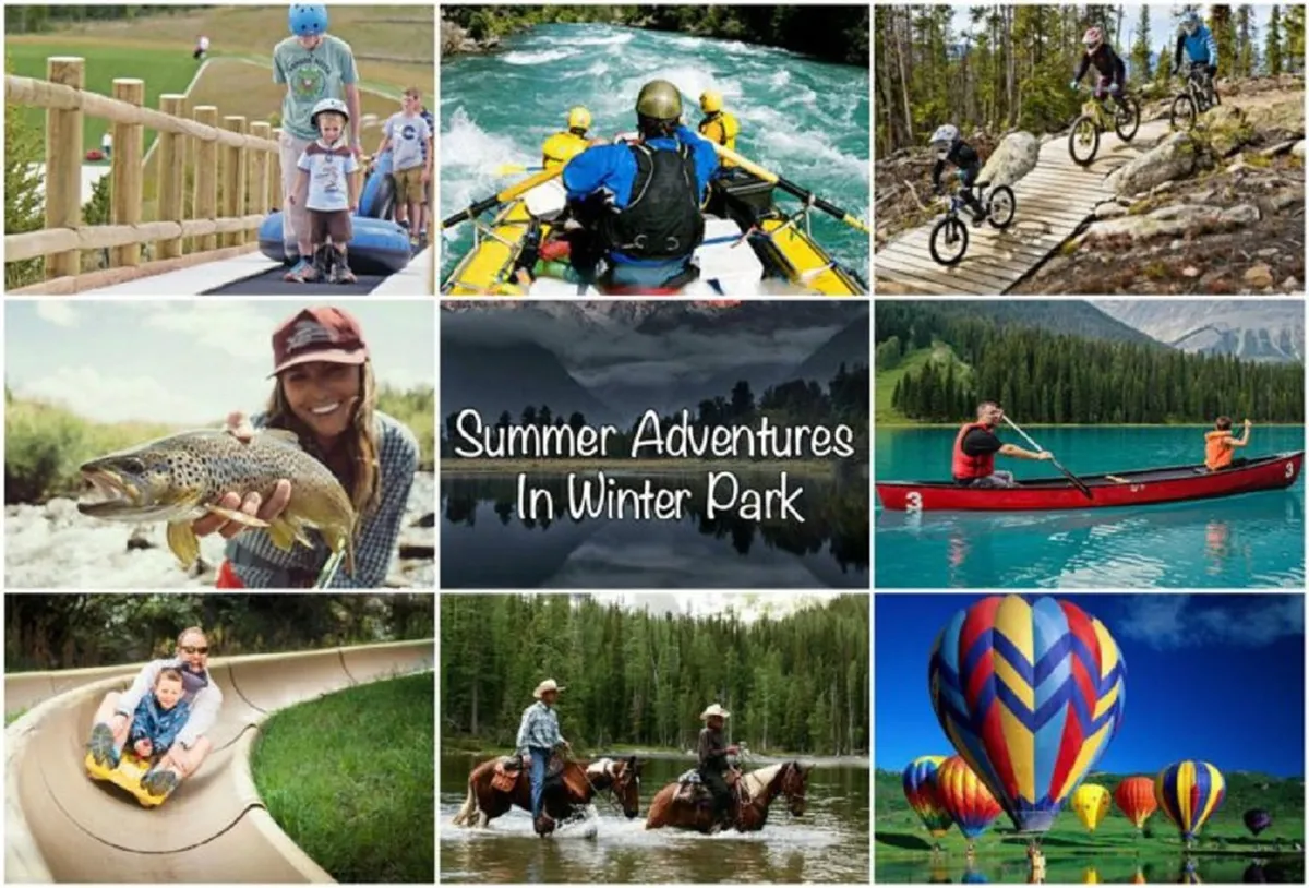 A vibrant outdoor scene showcasing families and groups enjoying a variety of adventurous activities such as white-water rafting, biking, horseback riding, fishing, kayaking, and even hot air ballooning. The picturesque Rocky Mountain landscape forms a stunning backdrop, amplifying the sense of adventure and memorable experiences.