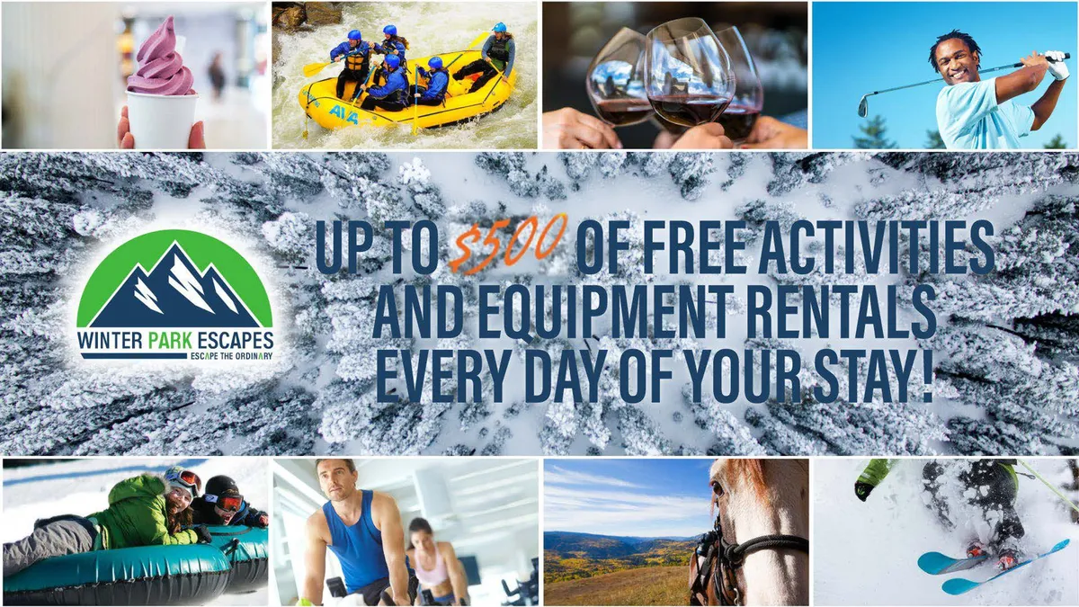 A dynamic collage featuring people partaking in a variety of adventure activities such as white-water rafting, skiing, golfing, and horseback riding, interspersed with moments of enjoying delicious foods like ice cream. The images capture the thrill and variety of experiences available across different seasons.